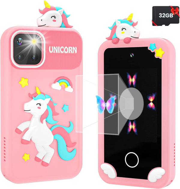 32GB SD Card Smartphone Toy for Kids, Birthday Gift Unicorn Toy Phone, Touch Screen HD Dual Camera Kids Phone, Travel Toy Preschool Learning Toy Mobile Educational